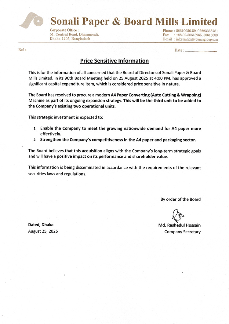 Price Sensitive Information: Sonali Paper & Board Mills Ltd