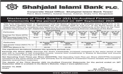 PSI of Shahjalal Islami Bank PLC regarding Disclosure of Third Quarter (Q3) Un-Audited Financial Statements for the period ended on 30th September 2026