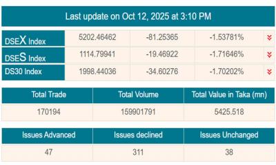 শেয়ারবাজারে সূচকের বড় পতন, নামমাত্র বেড়েছে লেনদেন