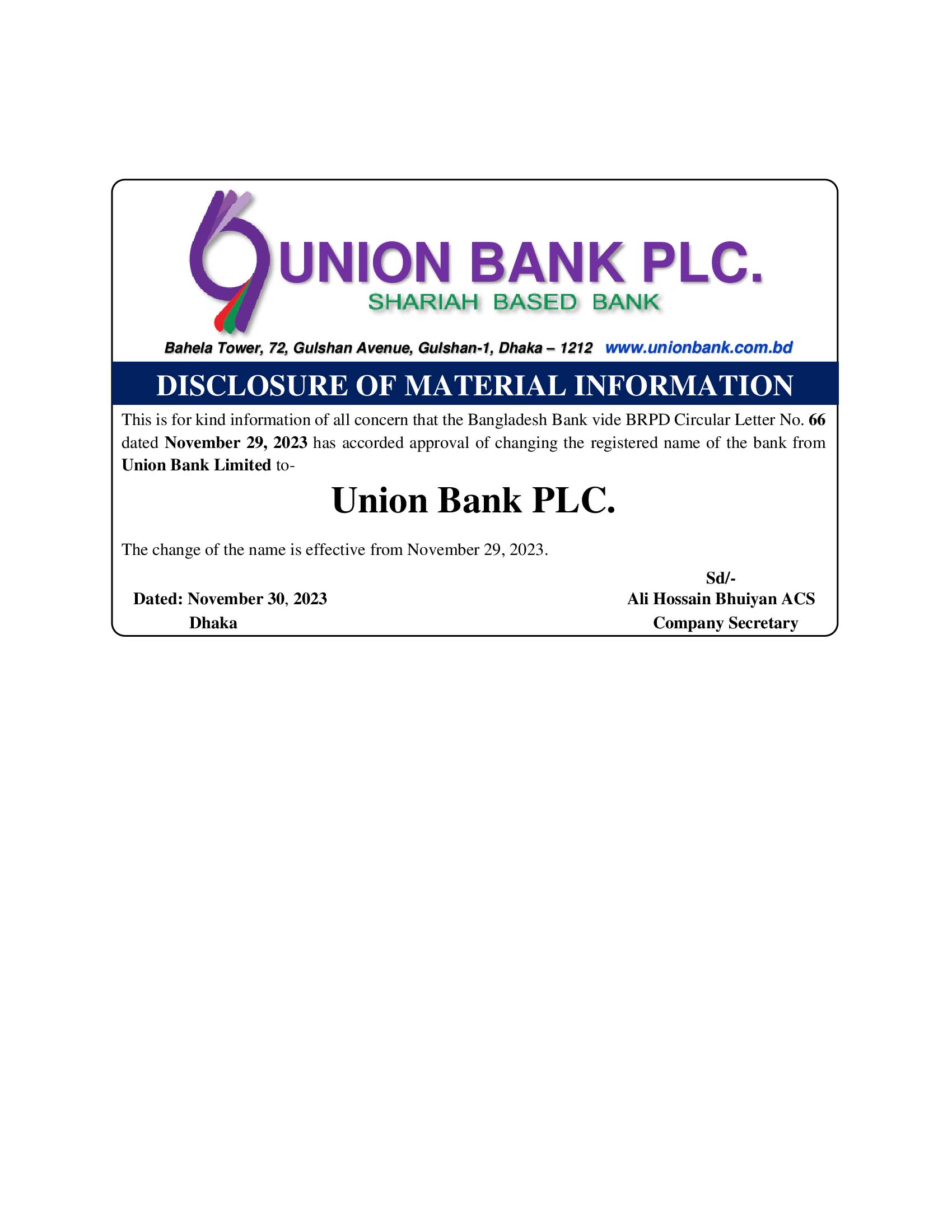 DISCLOSURE OF MATERIAL INFORMATION  UNION BANK PLC