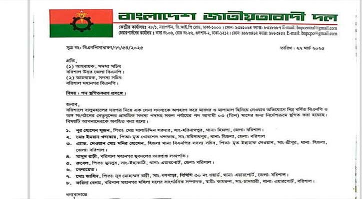 সেনা সদস্য অপহরণ ও হামলার ঘটনায় বরিশালে বিএনপির ৮ নেতার পদ স্থগিত