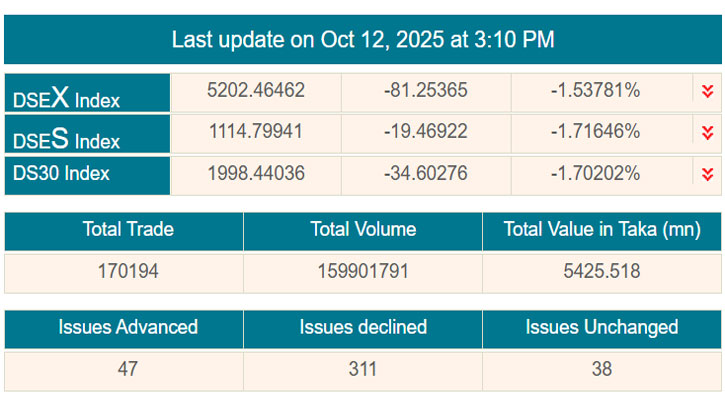 শেয়ারবাজারে সূচকের বড় পতন, নামমাত্র বেড়েছে লেনদেন
