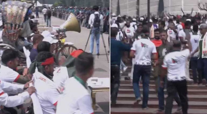 সনদের আইনি ভিত্তির দাবিতে মঞ্চের সামনে জুলাই যোদ্ধাদের অবস্থান